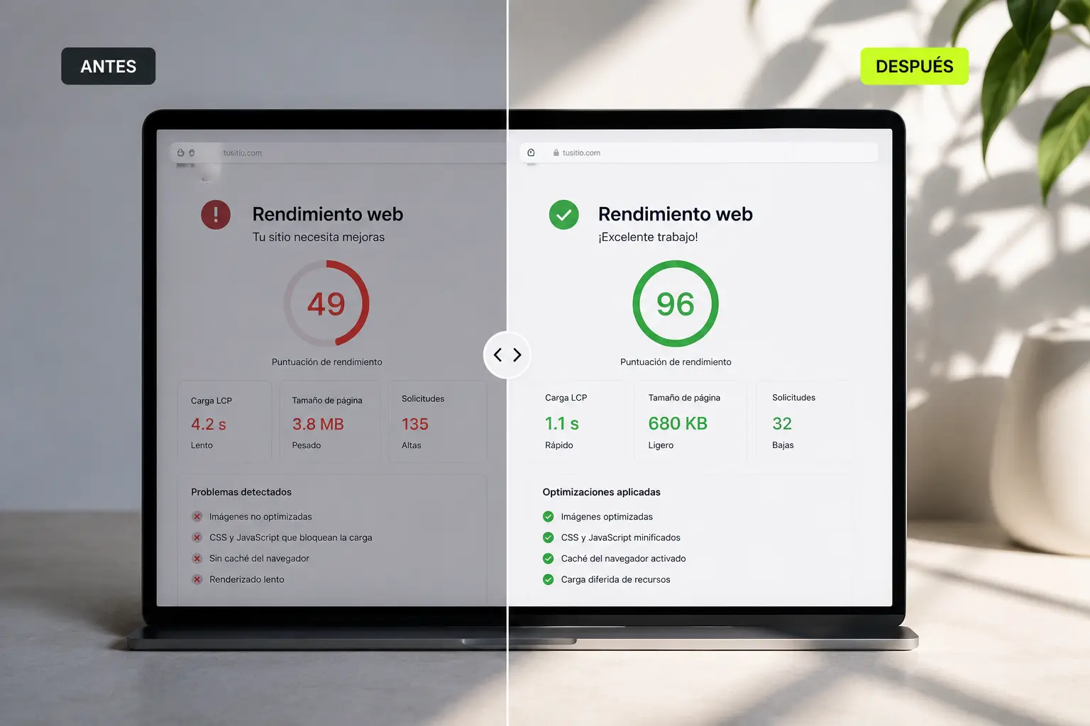 Comparativa de PageSpeed y Core Web Vitals antes y después de optimización WPO
