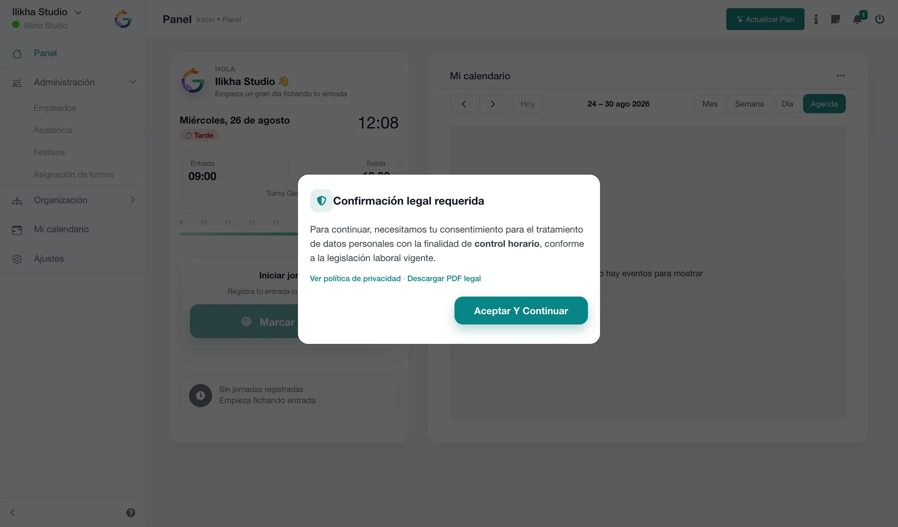 Confirmación de consentimiento para el control horario en SmartGRH